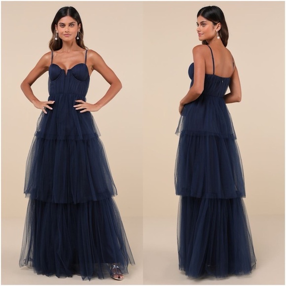 LULU’S Unforgettable Poise Navy Blue Tulle Bustier Tiered Maxi Dress - Picture 1 of 7